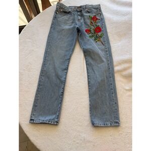 Gucci Womens Floral Rose Embroidered Straight Leg Jeans Light Wash Blue Size 26